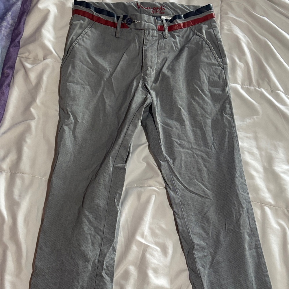 Men's Gray Chinos with Red and Blue Accents